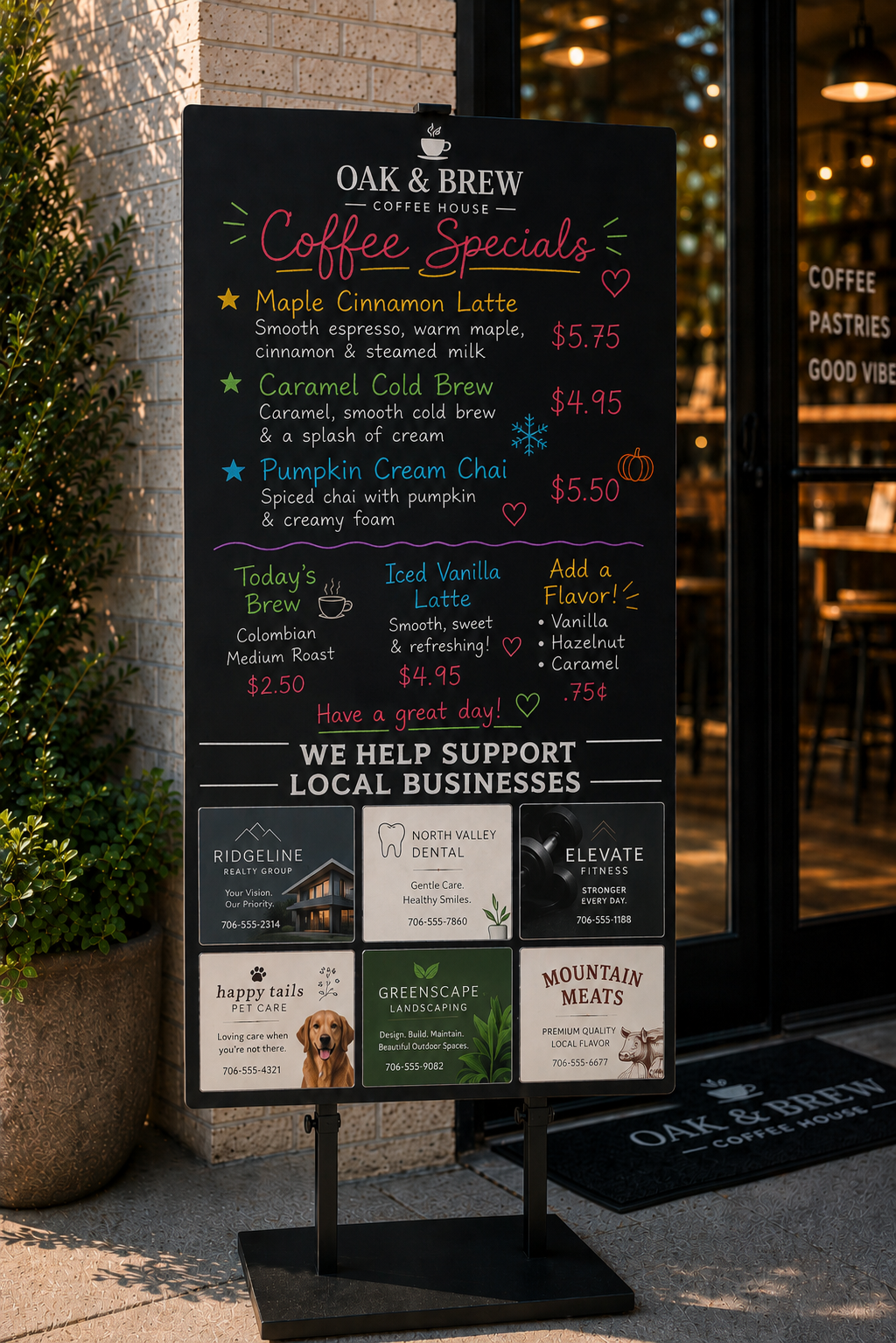 LocalReach specials board showing community business advertisements outside Oak & Brew Coffee House