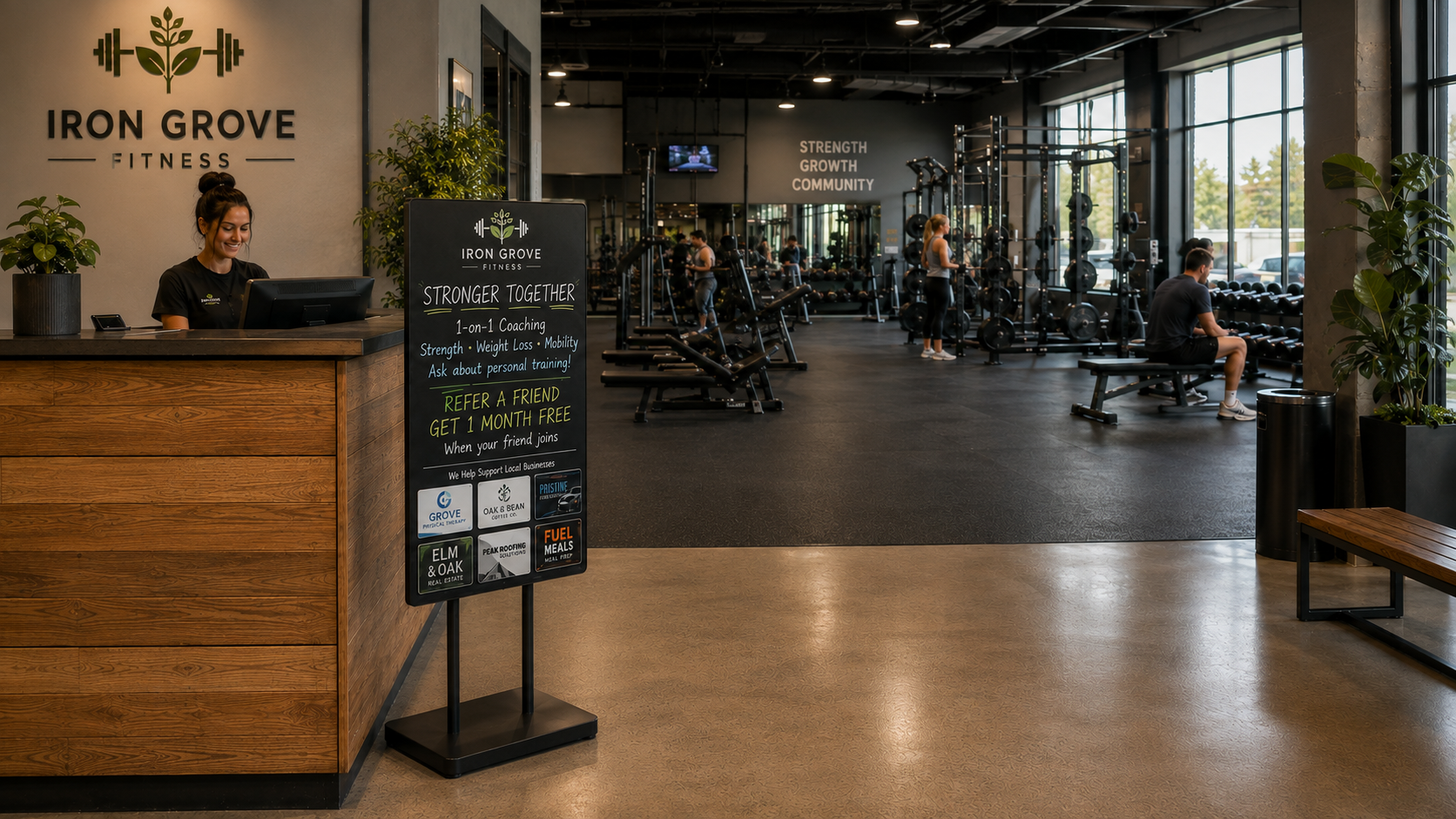 LocalReach specials board inside Iron Grove Fitness gym